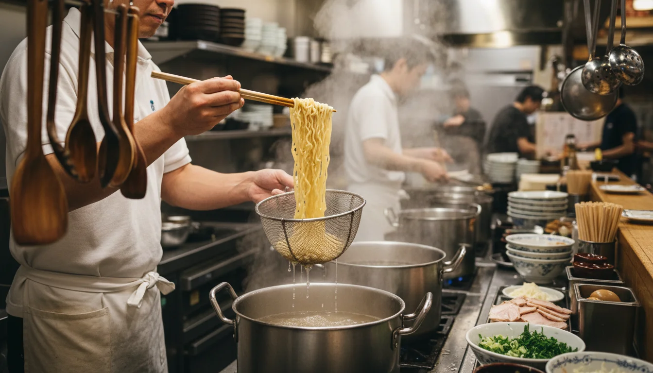 大きな鍋で麺をゆで上げる調理人の手元