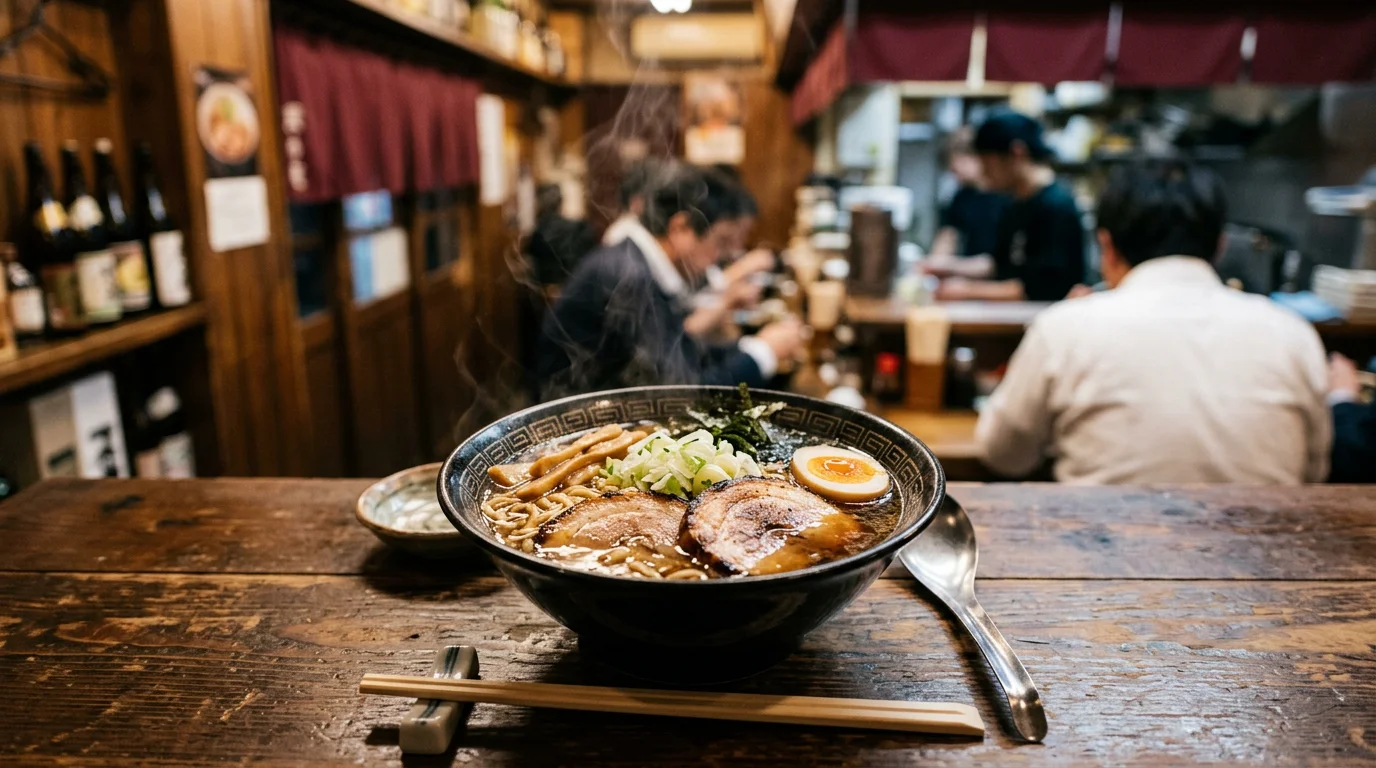チャーシューと半熟卵を添えた醤油ラーメン