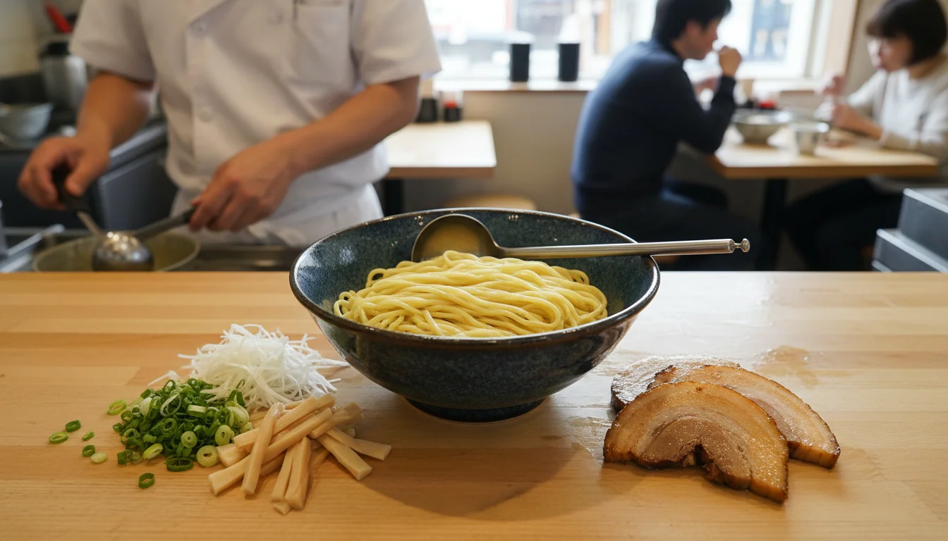 丼のそばに並んだねぎ、海苔、器と調理道具