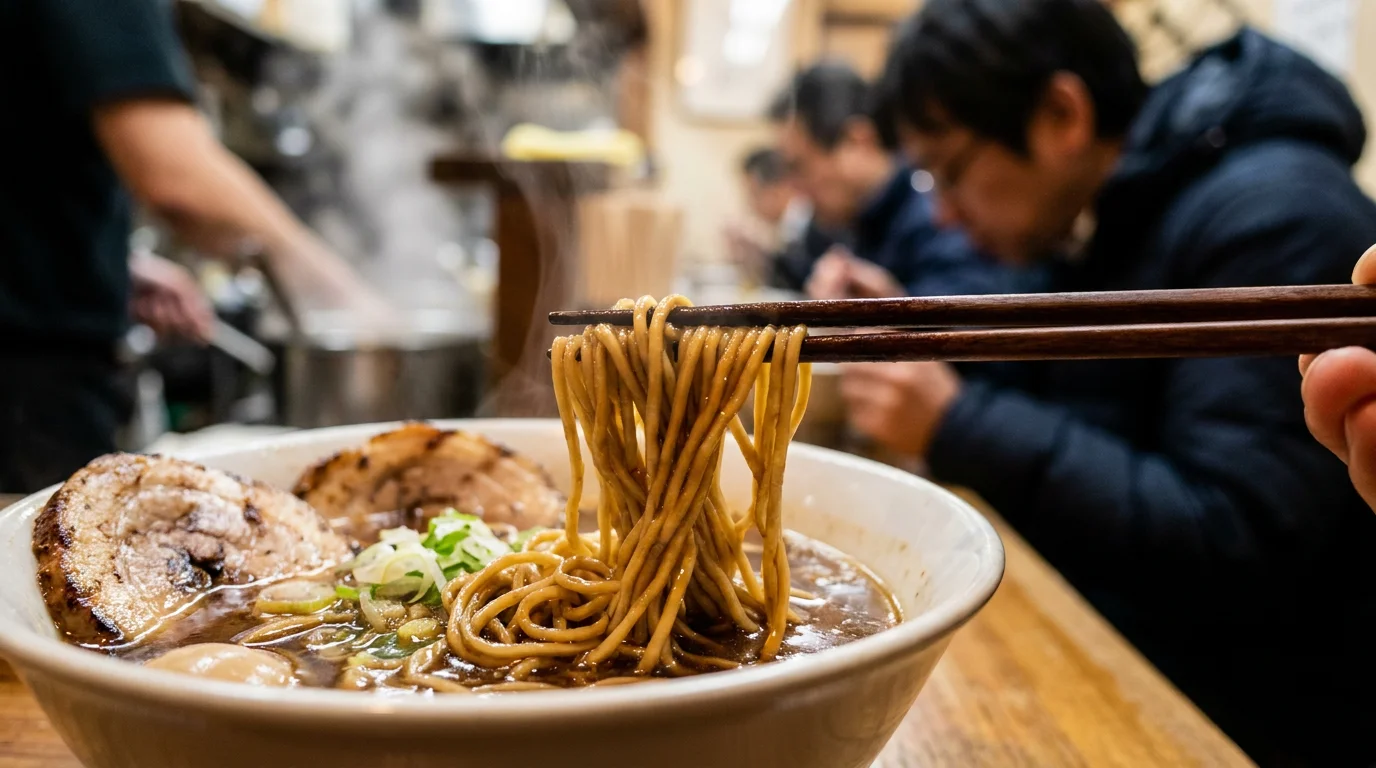 湯切り直後のつやのある麺を箸で持ち上げた様子