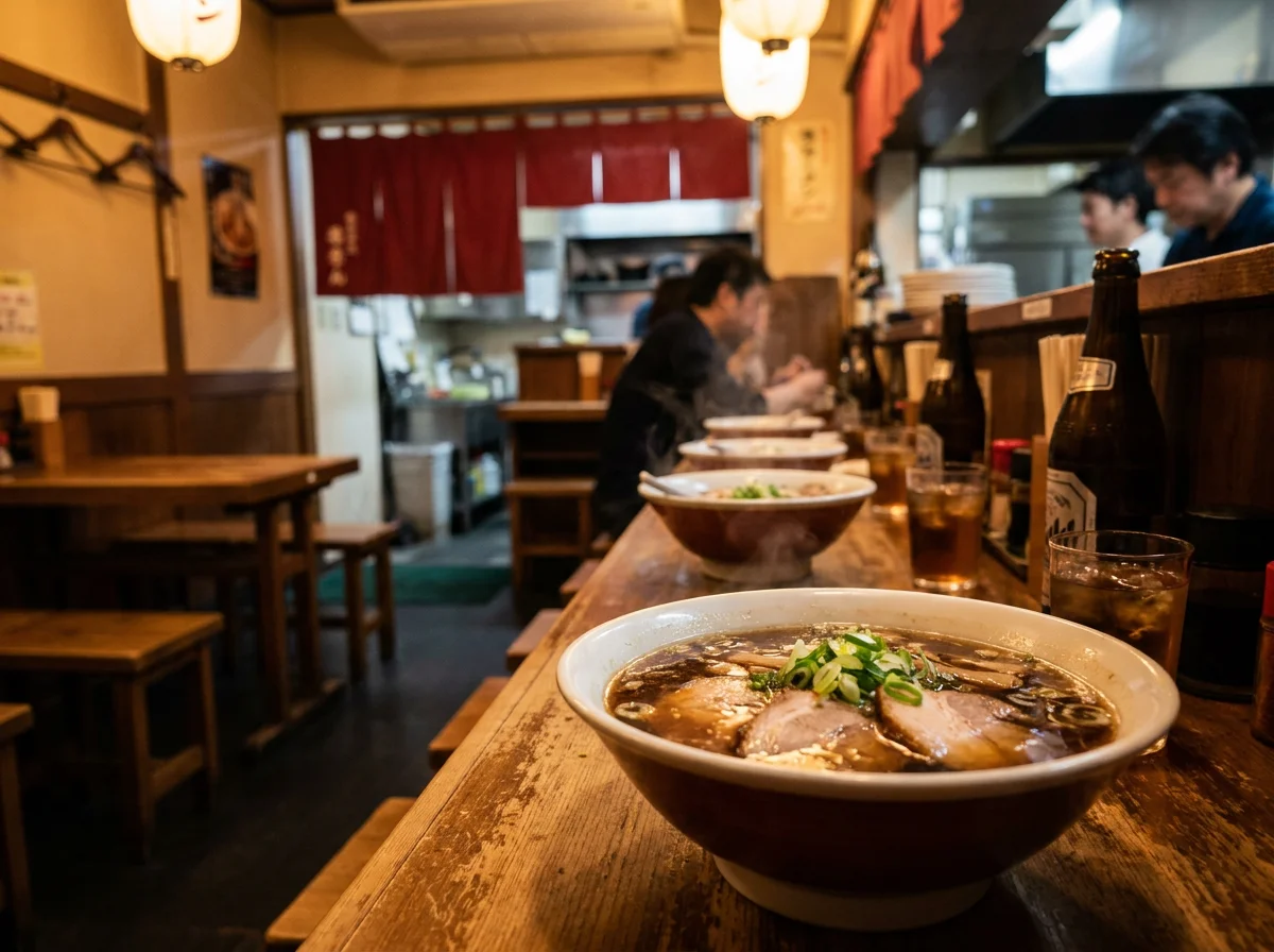 店内カウンターに並んだラーメンの丼と飲みもののグラス