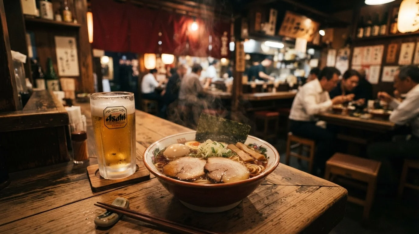 醤油ラーメンの丼の横に置かれた冷たい飲みもののグラス