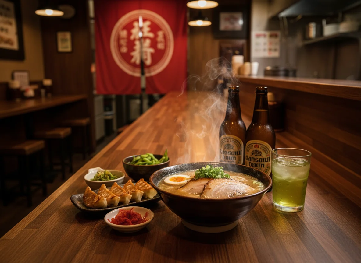 木目の卓上に置かれた小皿料理と冷たい飲みもの