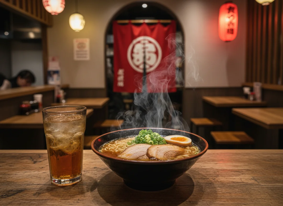 木の卓上に置かれた冷たい飲みもののグラスと湯気の立つラーメン