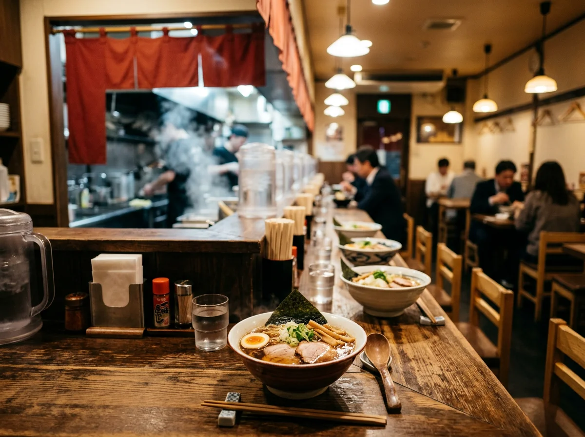 カウンター席に並んだラーメンの丼と小さな飲みもののグラス