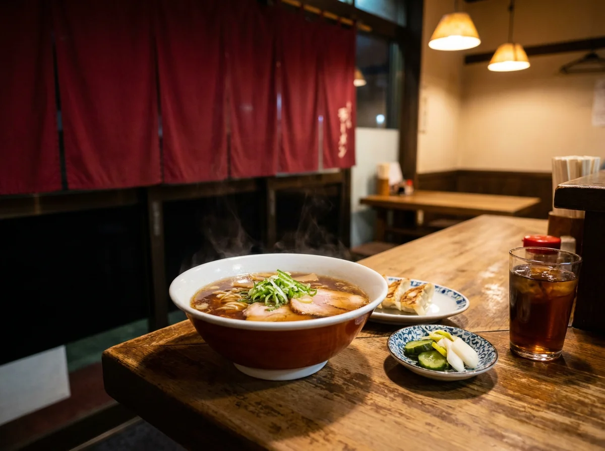 ラーメンと小皿料理のそばに置かれた飲みもの