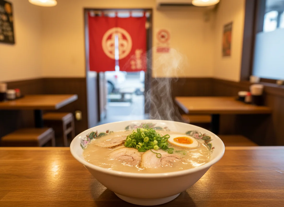 濃厚な豚骨スープのラーメンにチャーシューとねぎを盛り付けた一杯