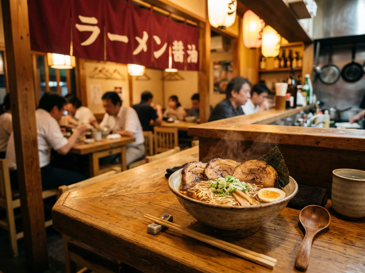 深い色の醤油スープに細麺が入ったラーメン