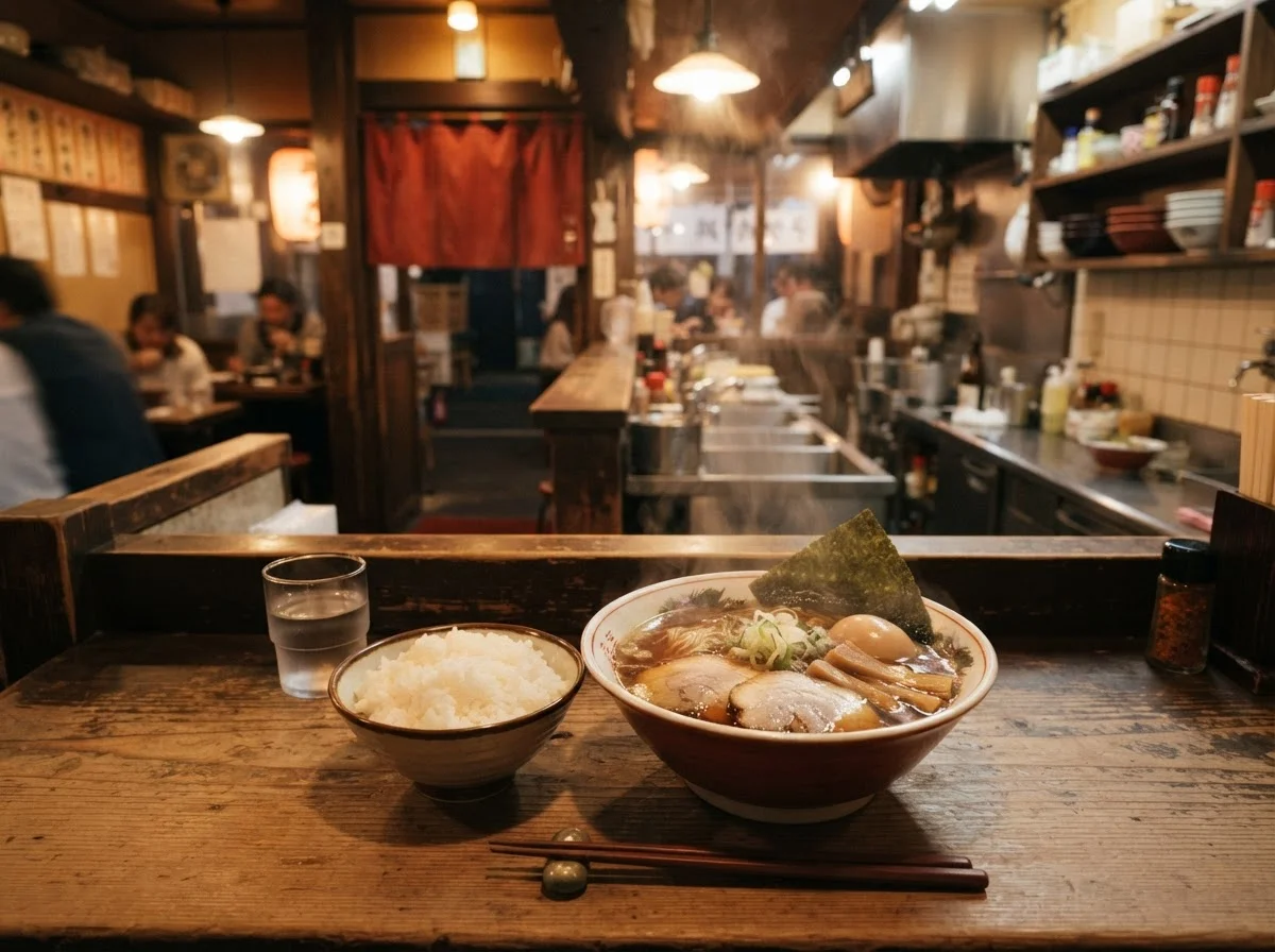 小鉢とご飯を添えたラーメンの食事セット